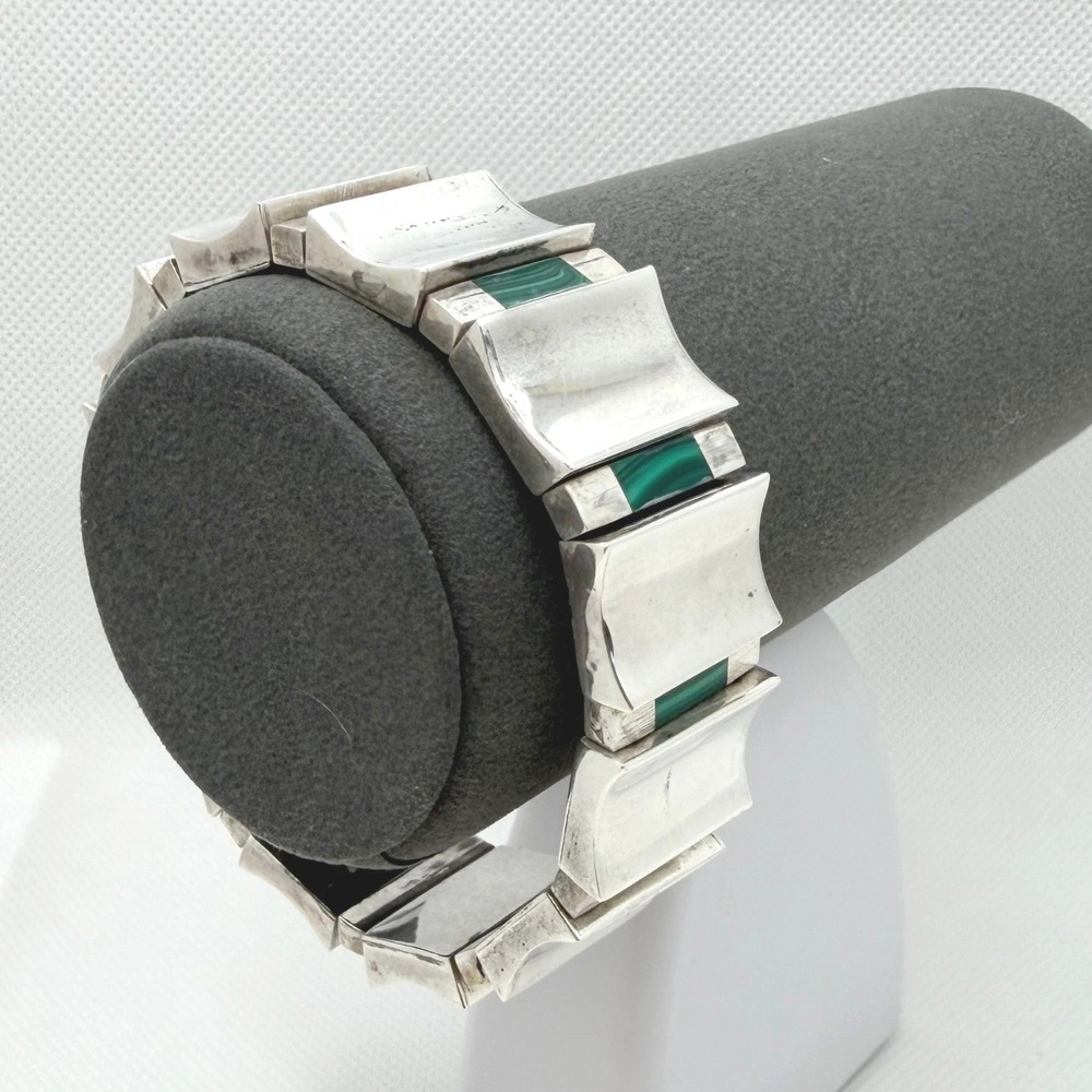 Taxco Silver Link Malachite inlay Vintage Bracelet 71g